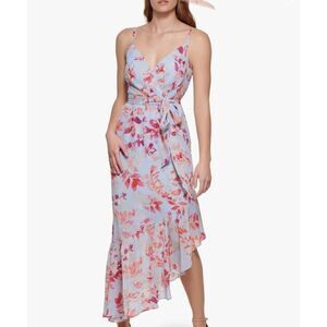 Eliza J Women's V-Neck Blue/Pink Floral Ruffle Hem Asymmetrical Maxi Dress Size